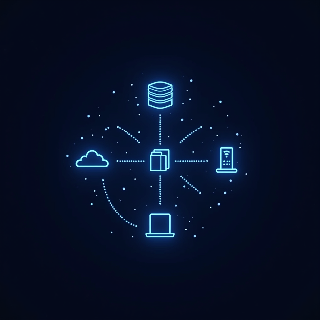 Glowing blue network diagram on a dark background showing a central data hub connected by dotted lines to a database, a cloud, a laptop, and a connected device, representing AT Protocol's decentralized data-sync topology